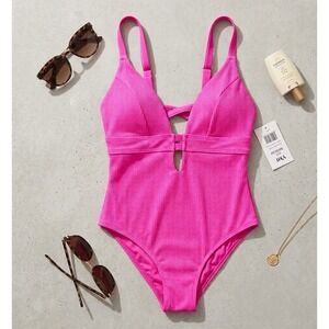 YMI Hot Pink Ribbed One Piece Swimsuit Size Medium Adjustable Strap NWT